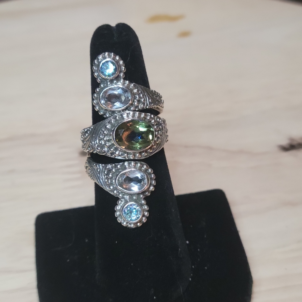 Sterling Silver Multi-Stone Statement Ring with Green and Blue Gemstones - Picture 4 of 6